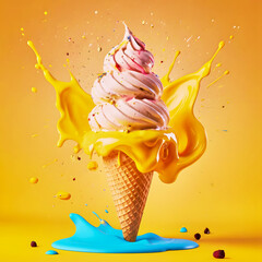 Refreshing ice cream cone with sweet splashes all over it on a yellow background.