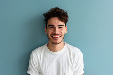 A man in a white shirt is smiling in front of a blue wall