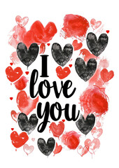 Hand drawn lettering I love you with hearts. illustration with hand made watercolor lettering i love you on red background