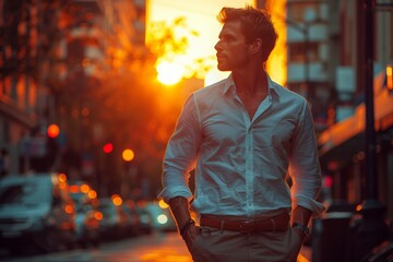 Man standing confidently during sunset in city - obrazy, fototapety, plakaty