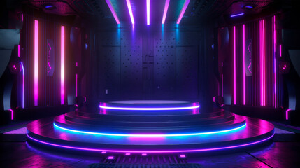 Neon beams converge on a platform, casting a dramatic purple and blue glow, exuding a futuristic aura. Designer Gamer Platform. The stage for music videos. Banner. Copy space