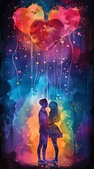 Silhouetted couple in a loving embrace under a luminous, neon-colored heart, reflecting on a wet surface.