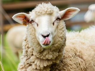 Portrait of cute sheep showing tongue - 788627541