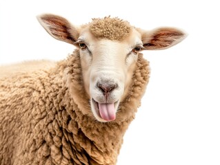 Fototapeta premium Portrait of cute sheep showing tongue