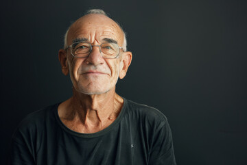 An older man wearing glasses and a black shirt looks at the camera