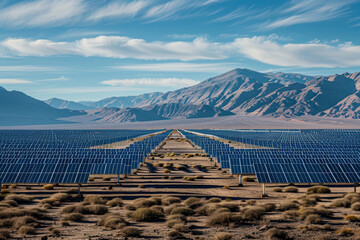 A row of solar panels are lined up in a desert