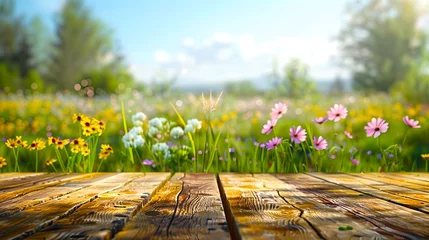 Fotobehang Sunny Meadow View from Rustic Wooden Table, Ideal for Nature Backgrounds. Calm and Serene Scenery with Wildflowers. Perfect for Relaxation and Mindfulness Themes. AI © Irina Ukrainets