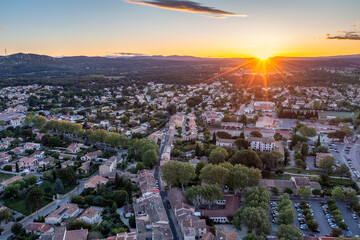 Aerial Sunrise over Pélissanne, Provence-Alpes-Côte d'Azur, France - obrazy, fototapety, plakaty
