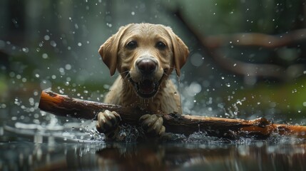 Playful Labrador Retriever With Stick in Water Splashing