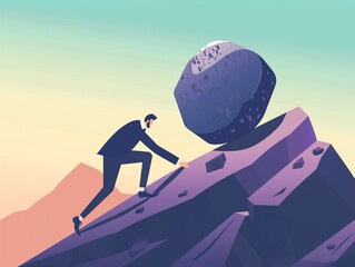 Business man pushing large stone up to hill, Business concept