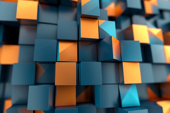 abstract background, 3D, blue and orange colors, background for phone, the design is made of squares, blocks in the shape of I, with different sizes in the style of blocks