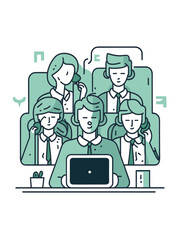 Visual Illustration of a Team of a Customer Support Team Responding to Queries in a Call Center, Vector Format