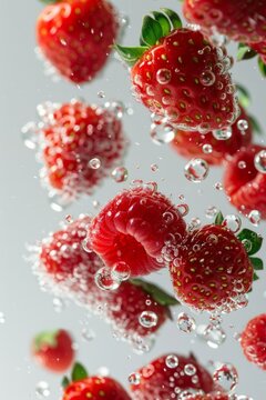 Fresh strawberries suspended in sparkling water with bubbles