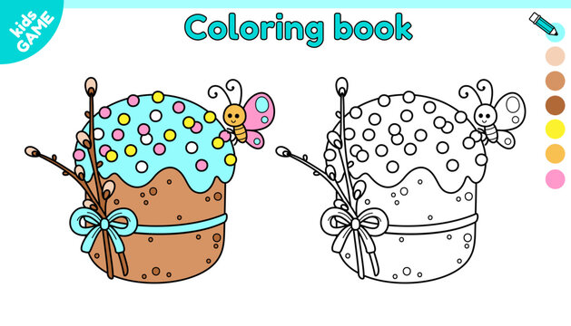 Page of kids coloring book. Cartoon Easter cake decorated with a bow and pussy willow. A cute butterfly sits on a festive kulich. Color the outline picture. Activity for children. Vector illustration.