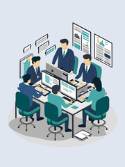 Visual Illustration of a Team of a Finance Department Closing the Books at Year-end, Surrounded by Reports and Computers, Vector Format