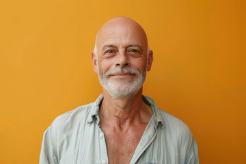 A bald man with a beard is smiling in front of an orange background
