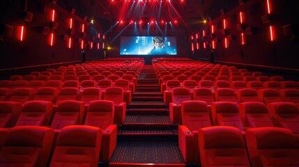 empty movie theater with vibrant red seats, capturing the anticipation of movie magic