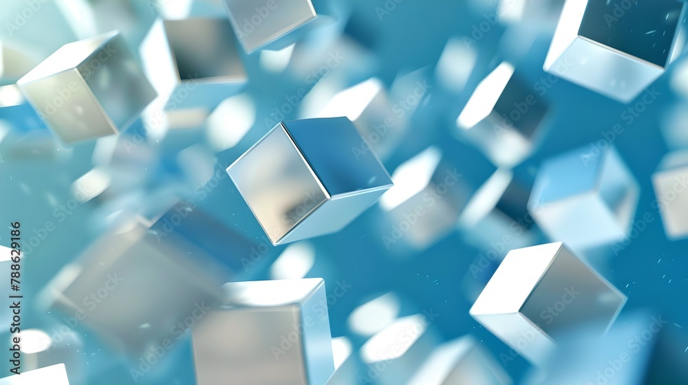 Wall mural floating blue cubes in a digital space. abstract, 3d rendered. ideal for technology and innovation c