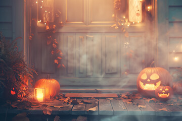 Twilight Halloween Porch with Pumpkins. A cozy Halloween-themed porch with jack-o-lanterns and warm lights.