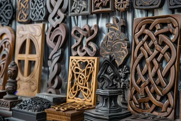 Foto op Plexiglas A collection of wooden carvings with various designs and shapes © mila103