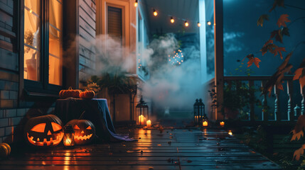 Spooky Halloween porch with Jack-o'-lanterns and candles at night, suitable for seasonal celebration themes.