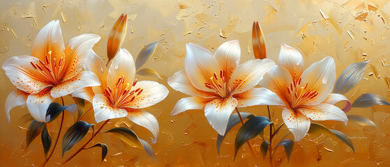 Oil painting of lilies on gold textured background - 788629355