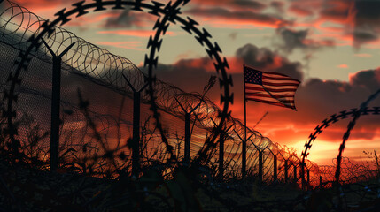 Sunset Behind Barbed Wire Fence with American Flag. Generative AI