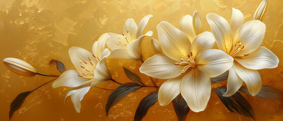 Oil painting of lilies on gold textured background - 788629522