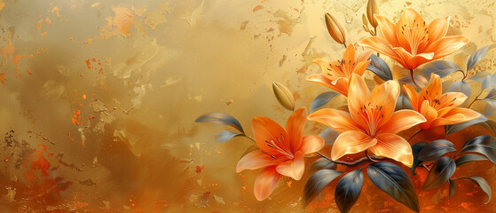 Oil painting of lilies on gold textured background - 788629523