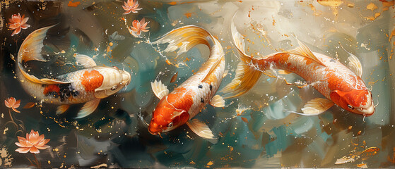 Koi fishes oil painting
