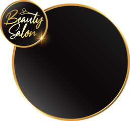 Round sign with golden frame for beauty salon. Design for hair stylist and hair salon