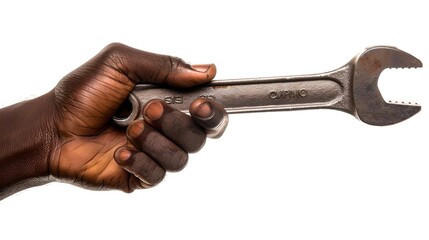 Close-up of a hand holding a wrench against a white background. Manual labor and tool usage concept. Perfect for tutorials and DIY projects. AI