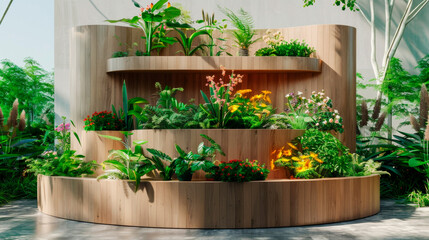 A minimalist garden staircase blooms with an array of colorful plants, marrying architecture with nature. micro garden of greenery and plants. Banner. Copy space