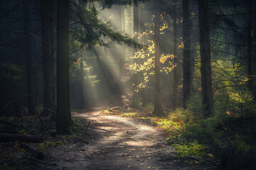 Obraz premium A forest path is illuminated by the sun, creating a peaceful