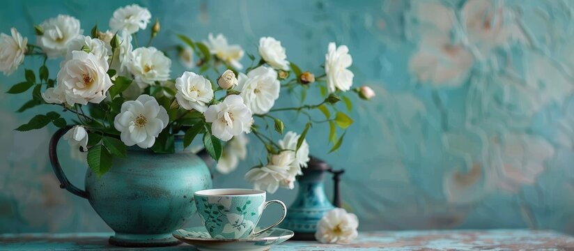 Arrangement of white dog roses in a weathered old metal coffee pot, mint-colored vintage manual grinder mill, coffee served in an antique blue and white porcelain cup,