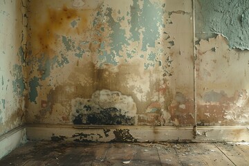 Mold on wall in house, room with ragged moldy walls - obrazy, fototapety, plakaty