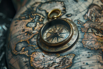 A compass is on a map of the world