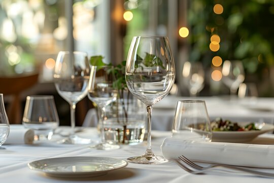Luxury table setting, fancy glassware in restaurant