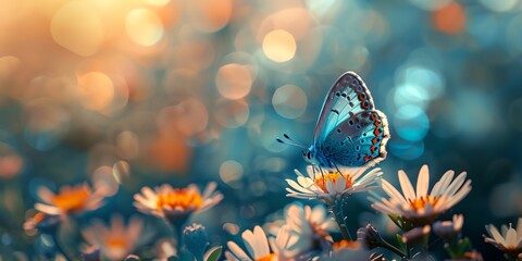Dreamy nature background with blue butterfly - obrazy, fototapety, plakaty