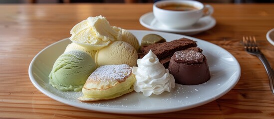 On a wooden table with empty space, there is a white plate containing butter pancakes, matcha ice cream, brownies, mochi, red bean, and whipped cream. - obrazy, fototapety, plakaty