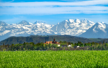 Scenic rural photo from the swiss Bern region - bernese alps in background