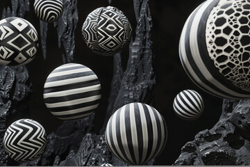 An ethereal display of monochromatic striped orbs featuring elaborate geometric designs, evoking the texture of the moon's terrain, set against a rich charcoal grey background.