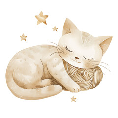 Watercolor sleeping beige cat with stars, cute kitty illustration - 788631537