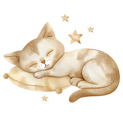 Watercolor sleeping beige cat with stars, cute kitty illustration - 788631562