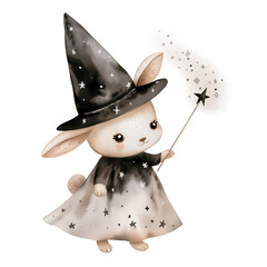 Little bunny witch with magic wand, Cute watercolor Halloween illustration - 788631577