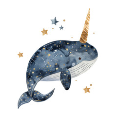 Watercolor celestial narwhal with stars illustration  - 788631588
