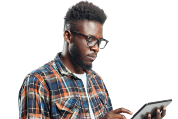 Studio portrait company business worker smart young African American man with serious face holding tablet, isolated on transparent png background.