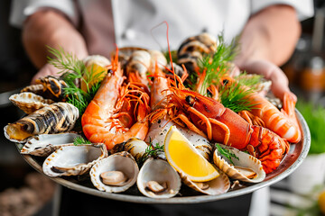 A chef is holding a tray of seafood, including shrimp, oysters, and scallops - obrazy, fototapety, plakaty