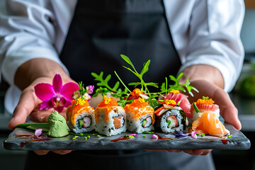 A chef is holding a plate of sushi, including some with avocado and shrimp