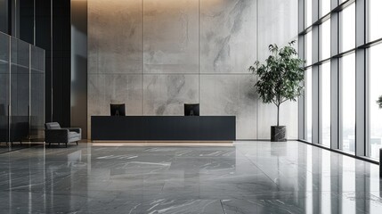 A sleek, modern office lobby with minimalist decor and polished marble floors, exuding professionalism and sophistication, welcoming visitors with a sense of corporate elegance - obrazy, fototapety, plakaty